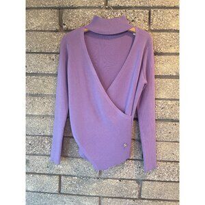 Milly Purple Ribbed Knit Long Sleeve Bodysuit With Deep V-Neck & Turtleneck Coll